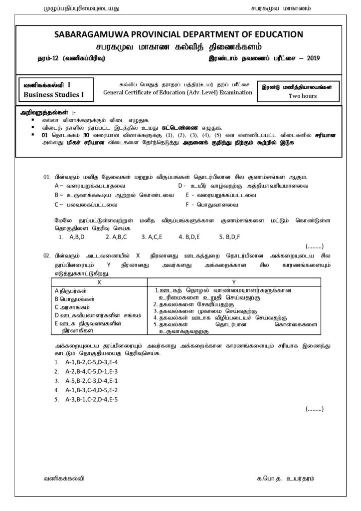 GCE Advanced Level Business Studies வணிகக்கல்வியும் கணக்கீடும்