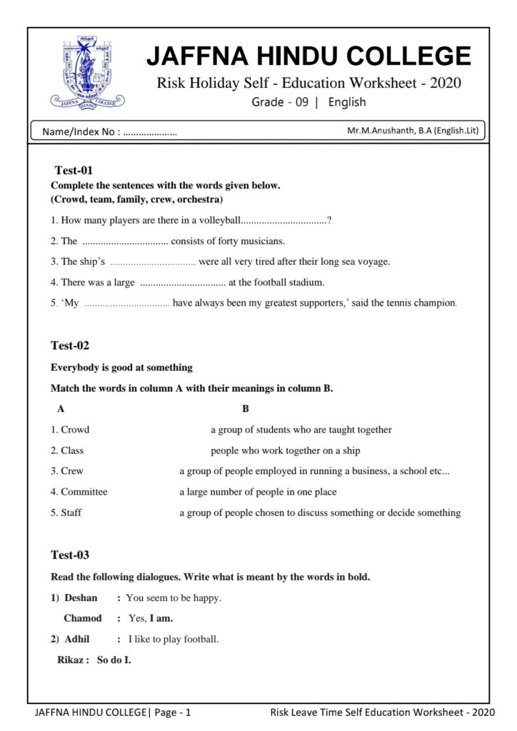 Grade 09 English model exam papers